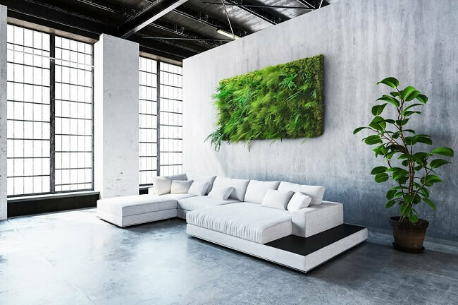 Nowoczesne pomieszczenie z żywą ścianą z roślin
