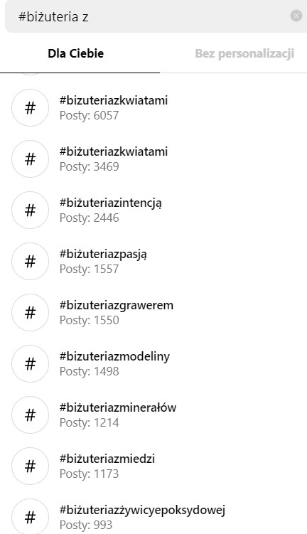 Szukanie biżuterii na IG po hashtagach gdzie kupić biżuterię w internecie - przykład poszukiwań na instagramie
